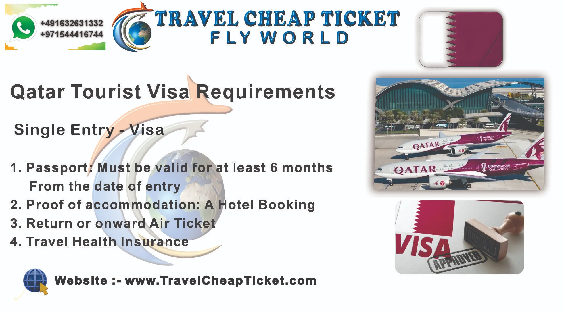 Qatar tourist visa requirements single entry: passport 6 months, hotel booking, return ticket and travel health insurance.